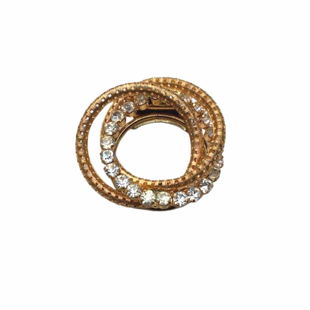 Vintage Western Germany Gold Tone Double Ring Rhinestone Dress Scarf Clip